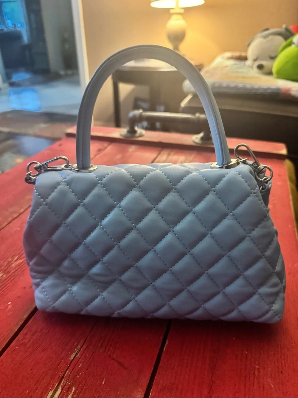 Quilted Light Blue Top Handle Crossbody Bag